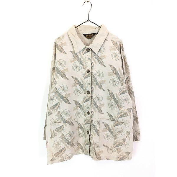 レディース 古着 80s Eddie Bauer 花 フラワー ハイビスカス 総柄 リネン カバーオール ジャケット M 古着 レディース 古着 80s Eddie Bauer 花 フラワー ハイビスカス 総柄