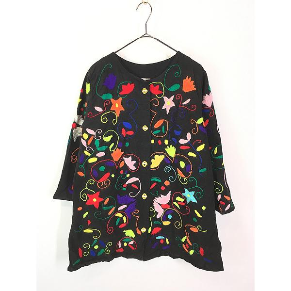 レディース 古着 70s Mexico製 El Jacalito ネイティブ 花 フラワー 総刺しゅう ノーカラー リネン ジャケット S位 古着 レディース 古着 70s Mexico製 El Jacalito ネイティブ 花 フラワー 総