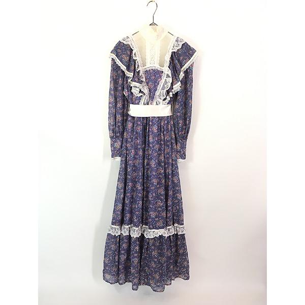 レディース 古着 70s USA製 GUNNE SAX 小花柄 フリル レース ガーリー 