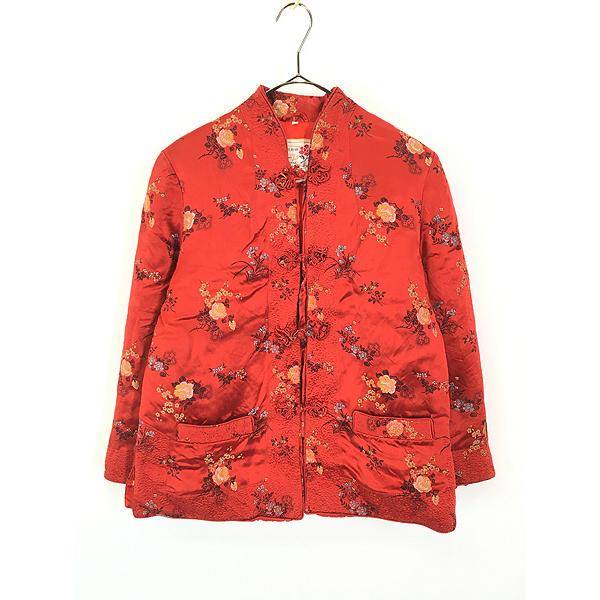 レディース 古着 70s 牡丹牌 花 刺しゅう パデッド 光沢 サテン