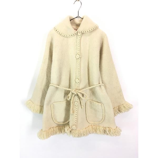 レディース 古着 80s Columbia製 RokaLtda 丸襟 フリンジ デザイン フランネル ウール コート L位 古着 レディース 古着 80s Columbia製 RokaLtda 丸襟 フリンジ デザイン