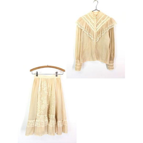 レディース 古着 70s GUNNIES フリル レース スタンドカラー 長袖