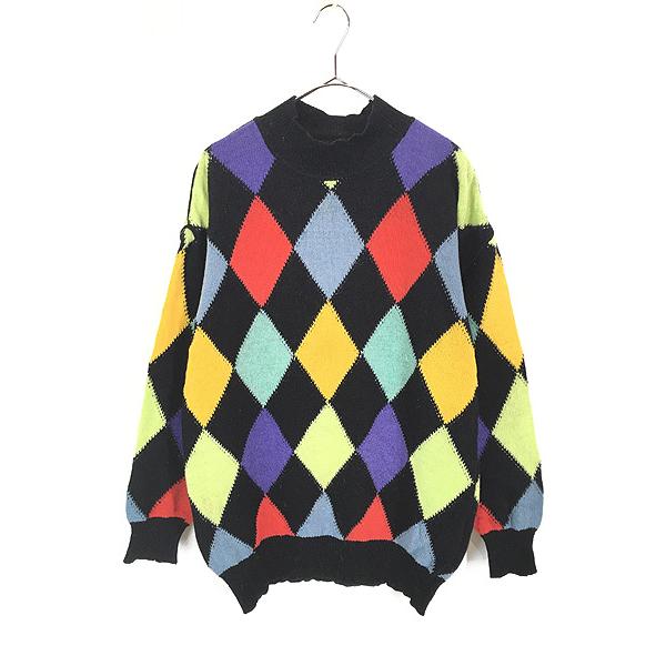 1990s ビンテージタートルネックカラフルチェックニットセーター