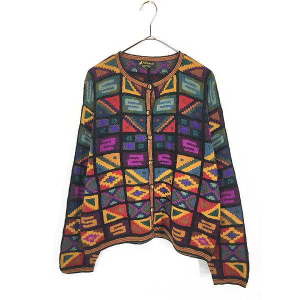 レディース 古着 Allpaca カラフル 幾何学 マルチパターン アルパカ ニット カーディガン L位 古着 レディース 古着 Allpaca カラフル 幾何学 マルチパターン アルパカ