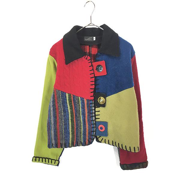 レディース 古着 80s USA製 baabaazuzu カラフル マルチパターン パッチワーク ウール ジャケット M 古着 レディース 古着 80s USA製 baabaazuzu カラフル マルチパターン