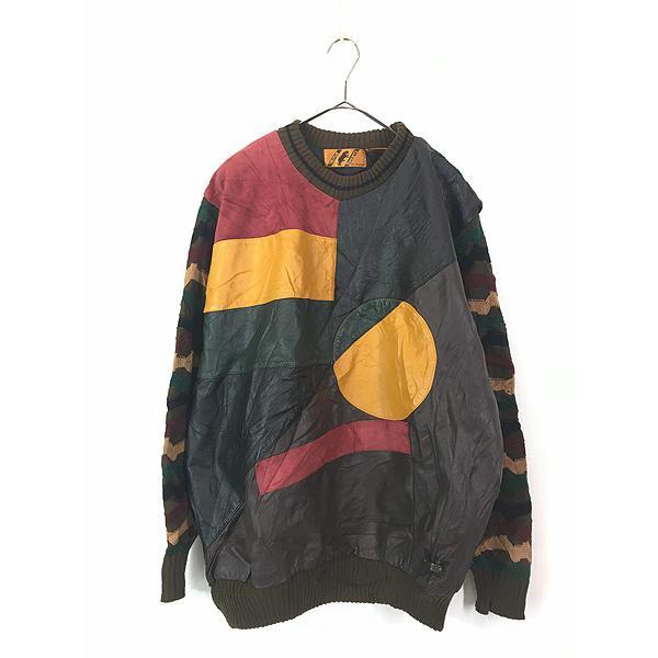 古着 90s TRUTUS 本革 レザー 図形 アート アクリル ニット セーター