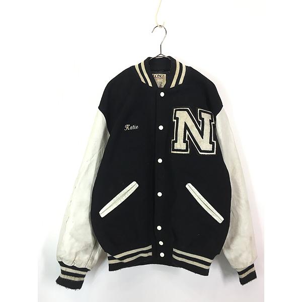 古着 90s USA製 DeLON 「N」 レタード 本革 レザー袖 メルトン ウール スタジアム ジャケット スタジャン L 古着 90s USA製 DeLON 「N」 レタード 本革 レザー袖 メルトン ウール