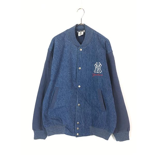 古着 90s adidas MLB New York Yankees ヤンキース スウェット × デニム スタジャン ジャケット L 古着 古着 90s adidas MLB New York Yankees ヤンキース スウェット