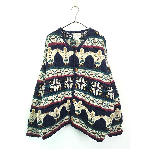 古着 90s EXPRESS TRICOT 手つなぎ 人 モチーフ ネイティブ パターン