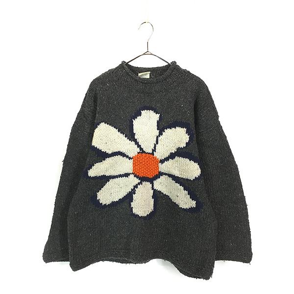 古着 80-90s エクアドル製 ARTESANIAS 両面 フラワー デイジー モチーフ ロールネック ヘビー ウール ニット セーター L位 古着 古着 80-90s エクアドル製 ARTESANIAS 両面 フラワー デイジー