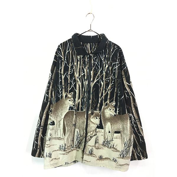 古着 オオカミ ウルフ 総柄 襟付き フリース ジャケット XXL位 : 古着