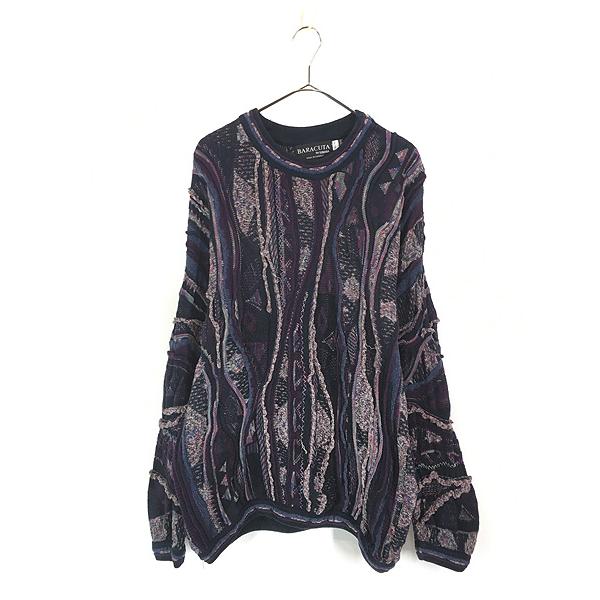 古着 90s 製 TUNDRA 3D ランダム ストライプ コットン ニット セーター L 古着 古着 90s Canada製 TUNDRA 3D ランダム ストライプ コットン ニット