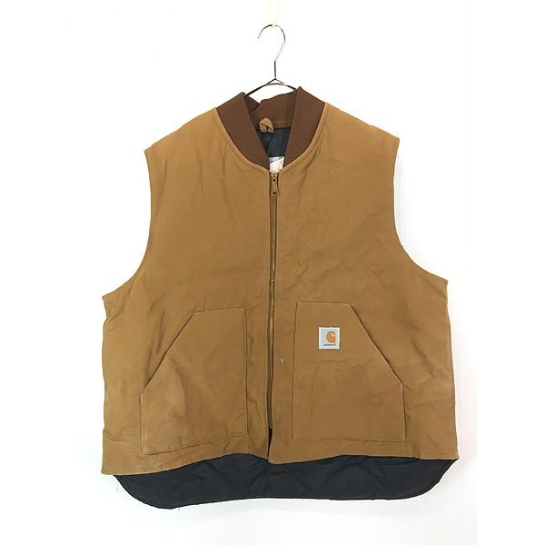 古着 80s USA製 Carhartt ブラウン ダック 首リブ パデット ベスト XXL 