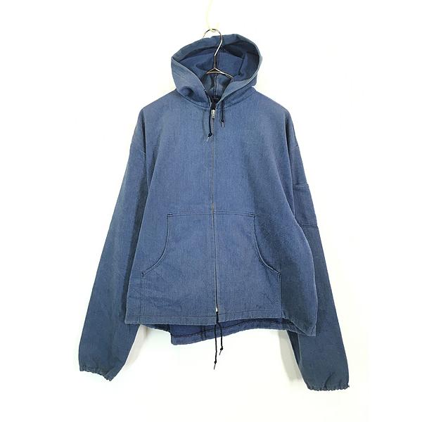 古着 70s デニム ライク フランネル コットン フルジップ フーデッド ジャケット パーカー L 古着 70s デニム ライク フランネル コットン フルジップ フーデッド