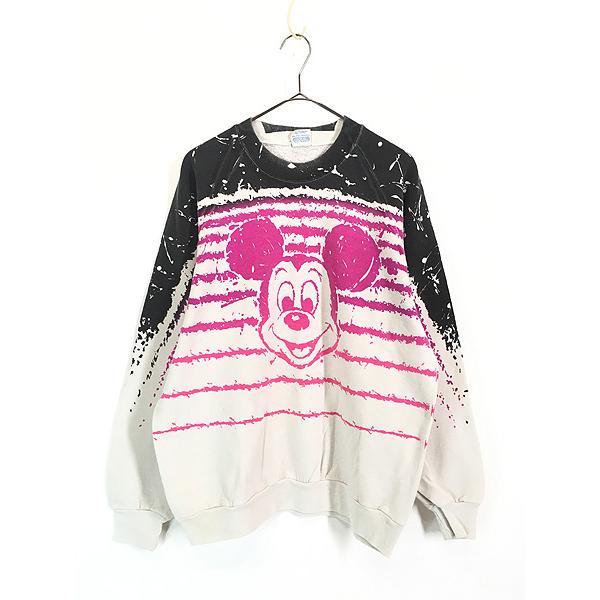 古着 80s USA製 Disney グラデーション ボーダー ミッキー 両面 フェイス ラグラン スウェット トレーナー XL 古着 古着 80s USA製 Disney グラデーション ボーダー ミッキー 両面