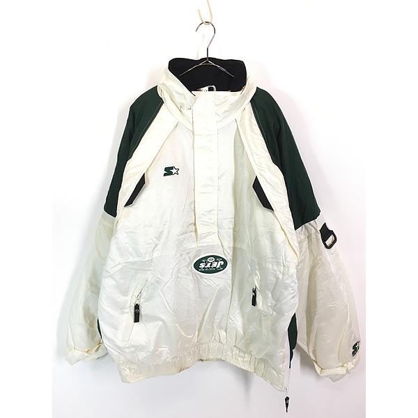 古着 90s STARTER NFL New York Jets ジェッツ 2way ハーフジップ プルオーバー パデット 光沢 ナイロン ジャケット XL 古着 古着 90s STARTER NFL New York Jets ジェッツ 2way ハーフジップ プル