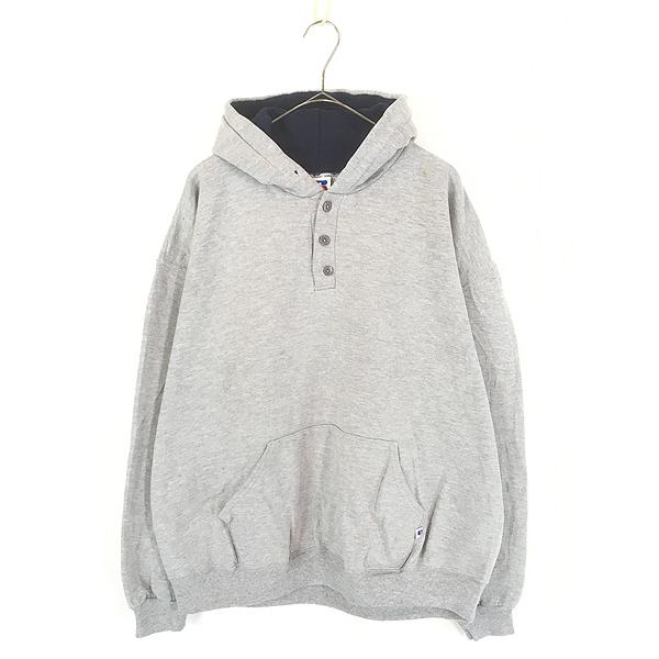 古着 90s USA製 Russell 無地 プレーン Wフェイス フード ハーフボタン
