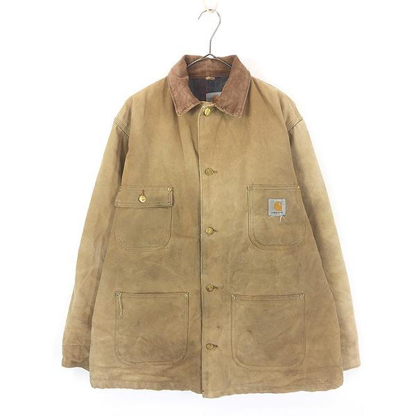 古着 00s USA製 Carhartt 裏地 ストライプ ブランケット BRN ブラウン ダック ミシガンチョア カバーオール ジャケット 42 古着 00s USA製 Carhartt 裏地 ストライプ ブランケット BRN ブラウン