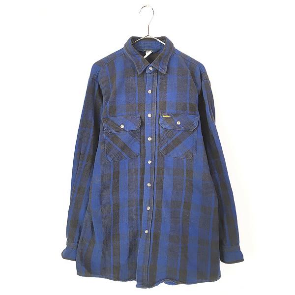 古着 80s Oshkosh B'gosh ブルー × ブラック バッファロー チェック ヘビー フランネル シャツ ヘビネル XL位 古着 80s Oshkosh B'gosh ブルー × ブラック バッファロー チェック