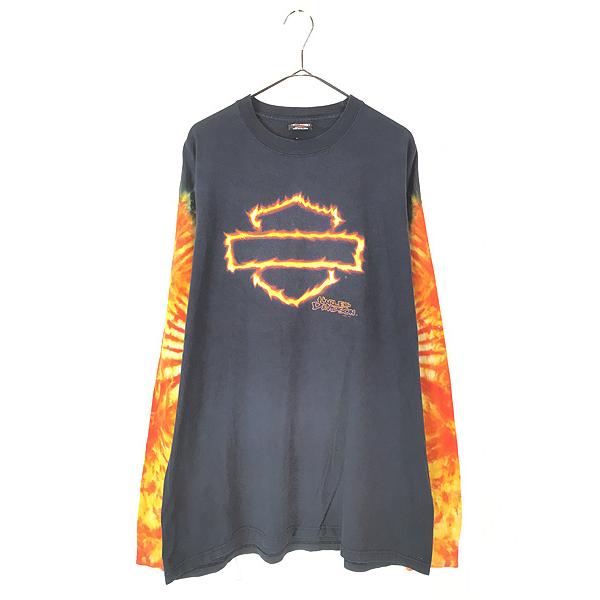 古着 00s USA製 HARLEY DAVIDSON ファイヤー バー&シールド タイダイ 長袖 Tシャツ ロンT XL 古着 古着 00s USA製 HARLEY DAVIDSON ファイヤー バー&シールド タイダイ