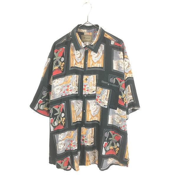 古着 90s Bruno 抽象画 アート 総柄 100% シルク 半袖 シアー シャツ L 