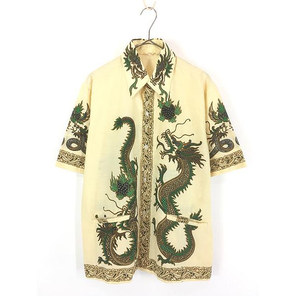 古着 70s JAVA BATIK 龍 ドラゴン 半袖 コットン バティック シャツ L
