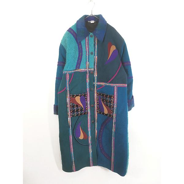レディース 古着 90s COLORATURA 異素材 パッチワーク アップリケ デザイン ウール モヘア コート L/XL レディース 古着 90s COLORATURA 異素材 パッチワーク アップリケ