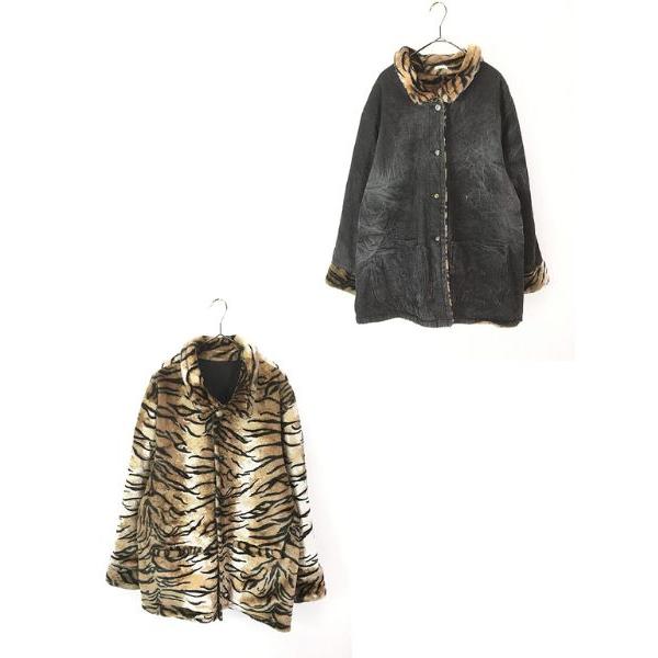 レディース 古着 CERVELLE ブラック デニム×タイガー トラ柄 フェイク ファー リバーシブル ジャケット XL 古着 レディース 古着 CERVELLE ブラック デニム×タイガー トラ柄 フェイク