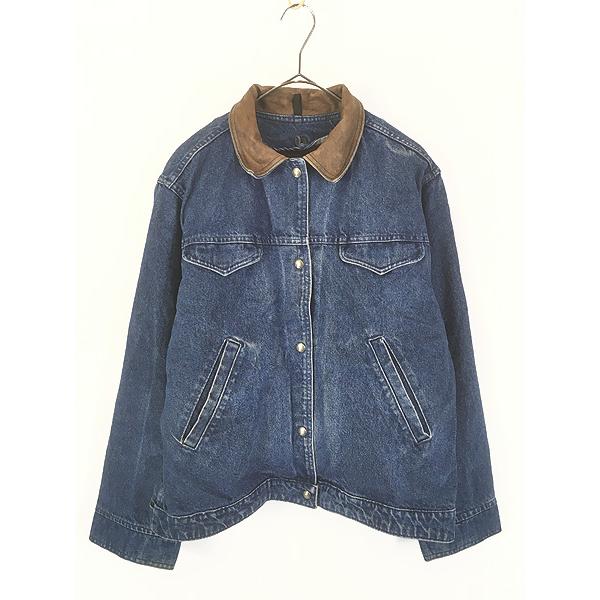 レディース 古着 90s USA製 WoolRich ブランケット ライナー 襟 本革 レザー デニム ジャケット Gジャン M レディース 古着 90s USA製 WoolRich ブランケット ライナー 襟 本革
