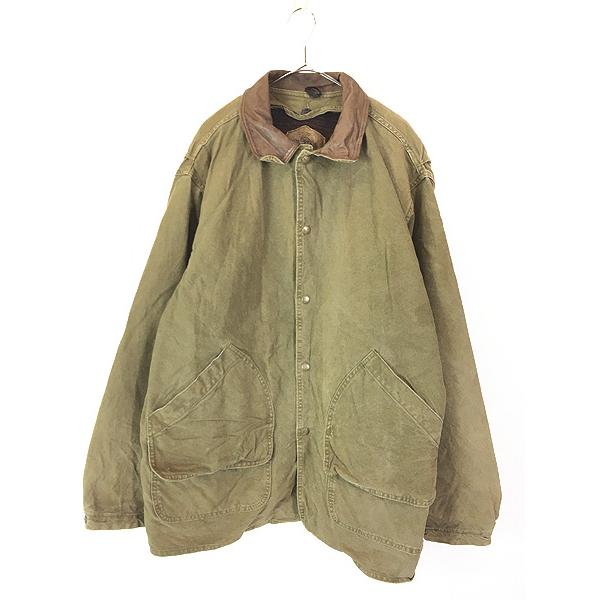 古着 90s USA製 WoolRich 本革 レザー襟 オリーブ ダック ハンティング