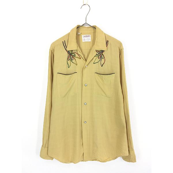 古着 60s USA製 LAS VEGAS by Cowboy Joe フローラル ステッチ 開襟 レーヨン ギャバジン ウエスタン シャツ M 古着 60s USA製 LAS VEGAS by Cowboy Joe フローラル ステッチ 開襟