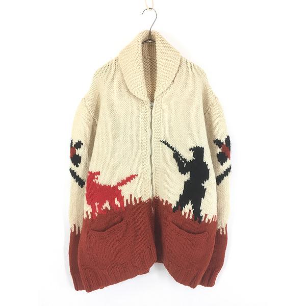 古着 70s 野鳥 犬 ハンティング 総柄 ショールカラー ローゲージ