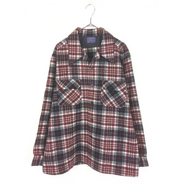 古着 70s USA製 Pendleton ホワイト×レッド×ネイビー チェック 開襟
