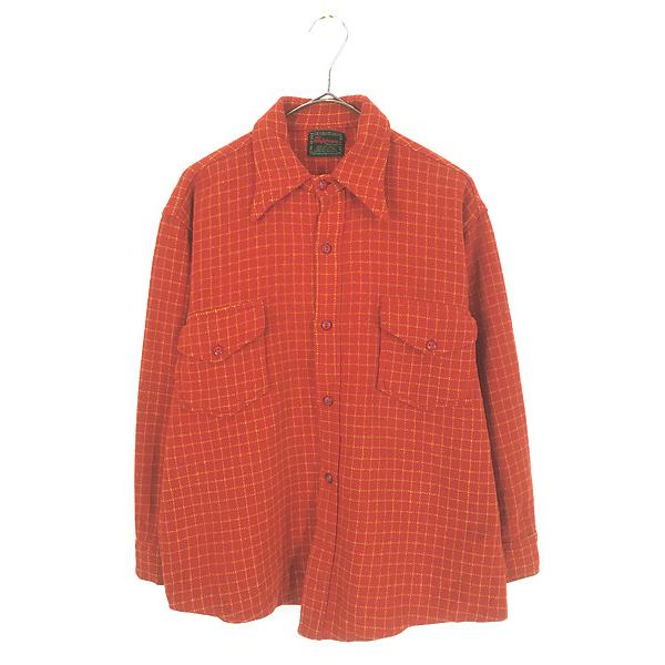 古着 40s Chippewa ロングポイント襟 レッド × オレンジ チェック ウール シャツ XL位 古着 40s Chippewa ロングポイント襟 レッド × オレンジ チェック