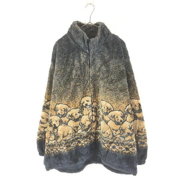 古着 90s USA製 BLACK MOUNTAIN 犬 パピー ドッグ 総柄 フリース