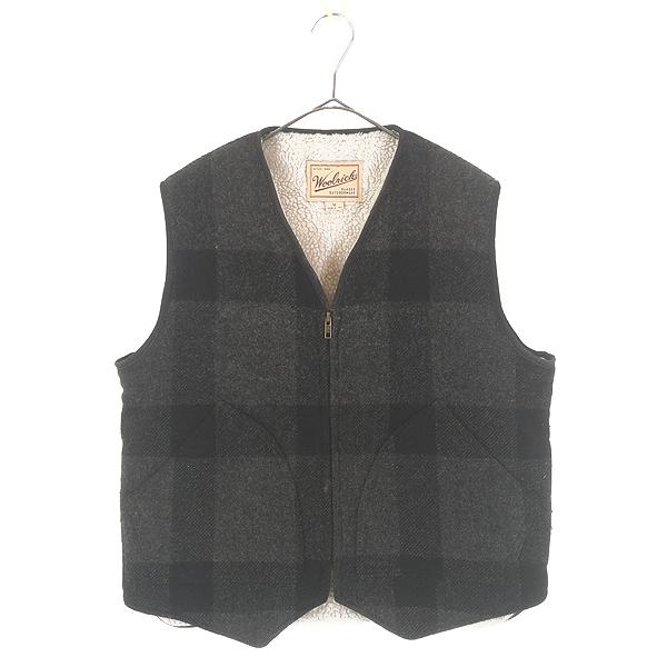 古着 90s USA製 WoolRich ボア フリース ライナー ブラック × グレー ブロック チェック ウール ベスト M 古着 90s USA製 WoolRich ボア フリース ライナー ブラック × グレー