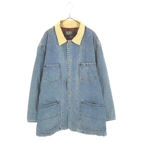 古着 90s DKNY バッファロー チェック ライナー コーデュロイ襟 ブルー デニム カバーオール ジャケット L 古着 90s DKNY バッファロー チェック ライナー コーデュロイ襟 ブルー