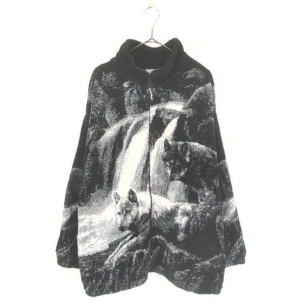 古着 90s USA製 BLACK MOUNTAIN オオカミ ウルフ 総柄 フリース ジャケット XL 古着 90s USA製 BLACK MOUNTAIN オオカミ ウルフ 総柄 フリース