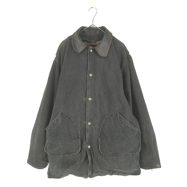 古着 90s USA製 WoolRich 本革 レザー襟 ブラック デニム ハンティング