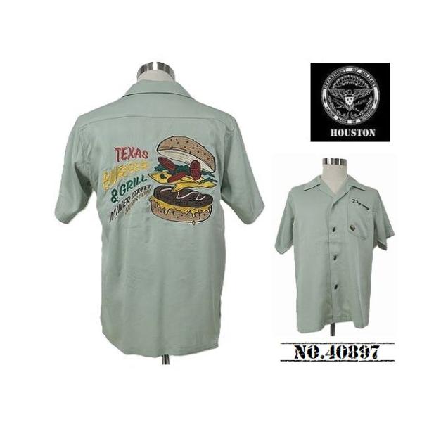 【送料無料 43%OFF】HOUSTON  ヒューストン   刺繍ボウリングシャツ  (ボーリングシャツ)  「BURGER」柄   NO.40897  MINT_Lサイズ