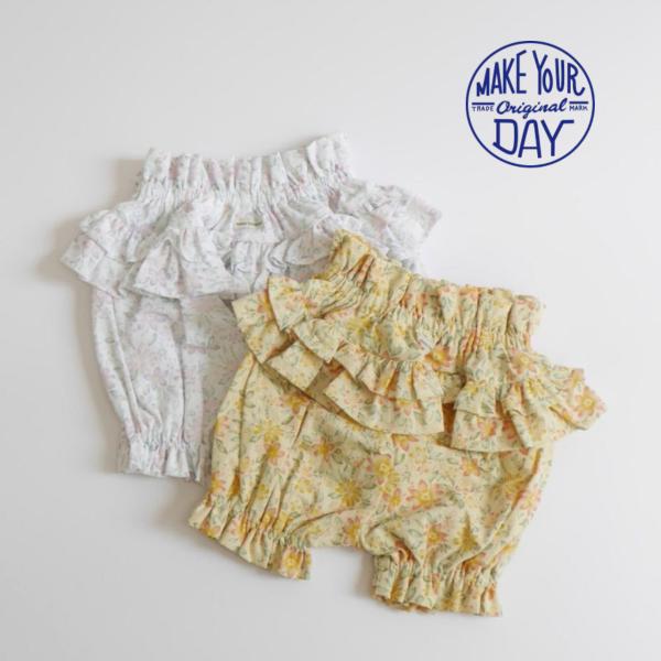 【商品説明】ちょっとだけ大人っぽい柄に挑戦してみたい時にぴったりの水彩花柄！おしりの部分には上品で女の子らしいフリルのついたデザインでおしゃれな着こなしができるベビーブルマです。【サイズ】F：総丈29cm,ウエスト37cm,【素材】綿100...