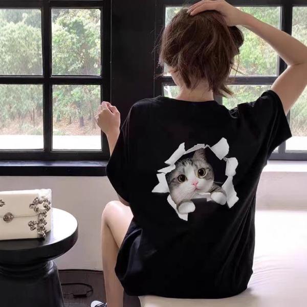 びっくり にゃんこ Tシャツ 丸首 半袖 猫  おもしろTシャツ プリント トリックアート ホワイトブラック トップス シャツ かわいい イラスト 春夏