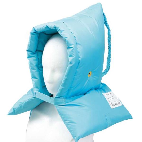 多機能防災ずきん。機能性重視の防災ズキンたっぷりの中綿で衝撃から頭を守る。