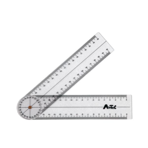 プラスチック製の角度計。関節可動範囲の測定や、運動角度の測定などに使えます。