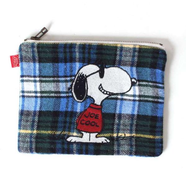 Vintage PEANUTS スヌーピー JOE COOL 刺繍チェックポーチ スヌーピー ネル刺繍ポーチ JOE COOL柄(ブルーA) ピーナッツ PEANUTS