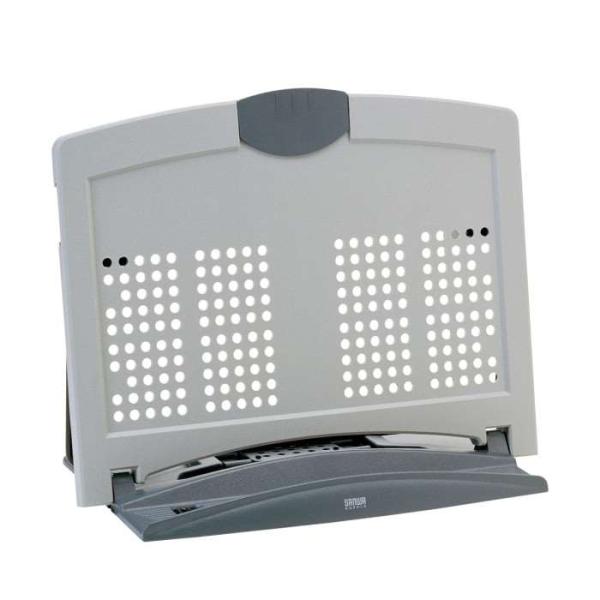 ノートパソコンスタンドとしても使用できます。プレートには放熱用の通気孔付きです。角度は6段階で調節が可能です。（30°〜75°）縦型の用紙に対応するために上部へ伸ばすことができます。A4用紙は20枚まで挟むことができます。上部のクリップはは...