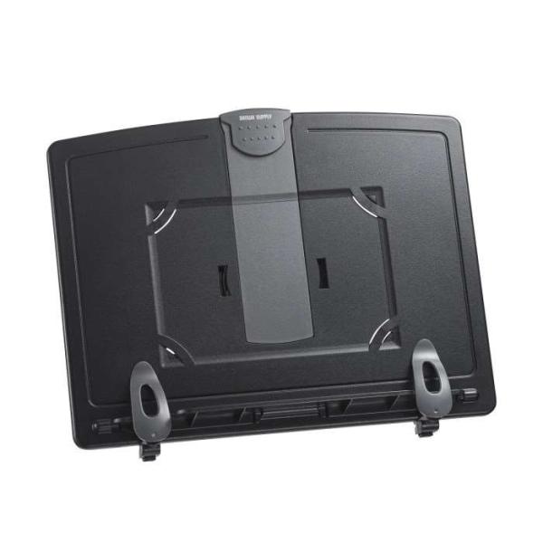 3段階での角度調整が可能です。厚さ20mmまでの本に対応し、クリップで挟んだままでもページがめくりやすくなっています。クリップ上へ伸ばすことができ、A4を縦方向でホールドすることができます。中央部にはがきサイズのカレンダーや写真を挟むことが...