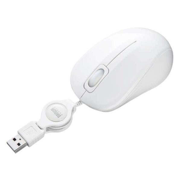 他サイト： 代引不可 抗菌・静音有線巻取りブルーLEDマウス ホワイト USB A接続 ケーブル巻き取り 有線マウス サンワサプライの商品画像