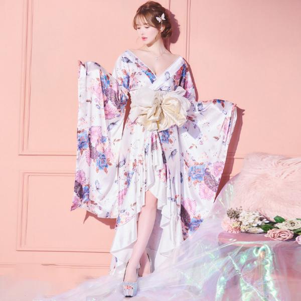 花魁コスプレ 着物コスプレ ステージ衣装 舞台衣装 イベント衣装 ダンス衣装 バタフライプリント 蝶々柄 フリル 花柄 花魁ロングドレス
