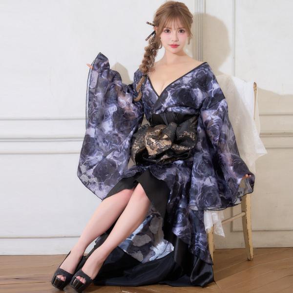 花魁 コスプレ 着物ドレス ロングドレス 和装 セクシー 花柄 フロントフリル Vカット オフショルダー 舞台衣装 ステージ衣装 和ドレス 衣装 レディース コスチューム 帯付き ゴージャス 花魁風ワンピース 花魁 コスプレ 着物ドレス ロングドレス 和装 セクシー 花柄 フロント